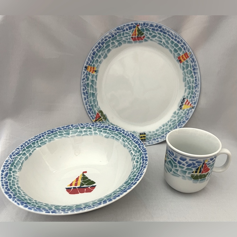Child Sailboat Lighthouse Dinnerware Set Plate Bowl Mug Blue Nautical Mosaic Rim